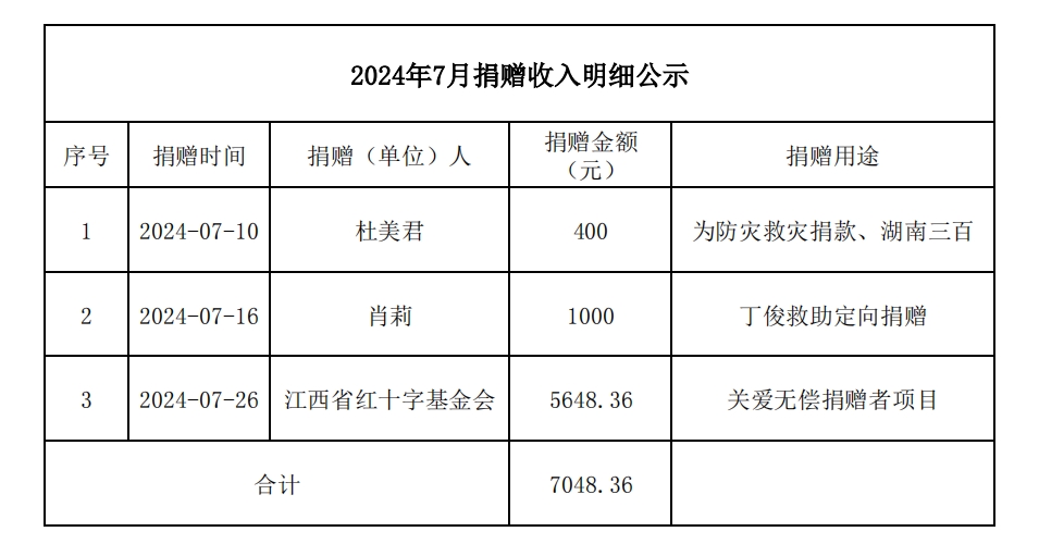 2024年7月捐赠收入明细公示