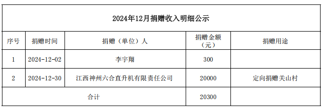 2024年12月捐赠收入明细公示